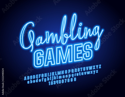 Vector Neon Gambling Games Sign with Light Font. Blue Glowing Alphabet Letters Set