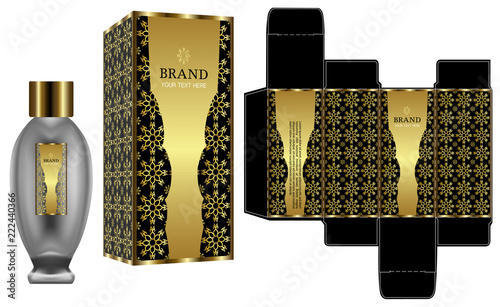 Packaging design, Label on cosmetic container with black and gold luxury box template and mockup box. illustration vector.	