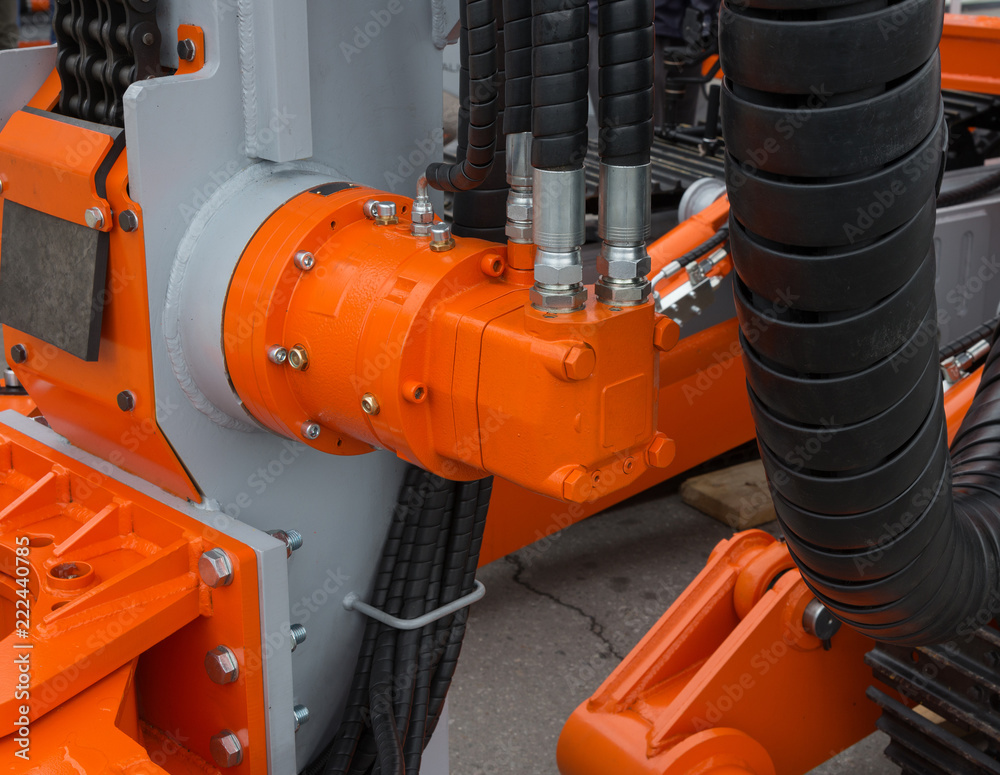 tubes, fittings and levers on control panel of lifting mechanism Stock