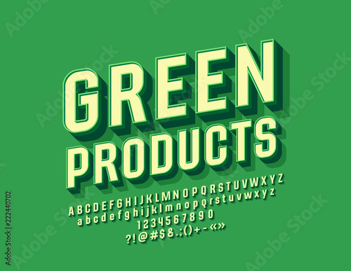 Vector Eco Emblem Green Products with Font. 3D beveled Alphabet Letters Set.