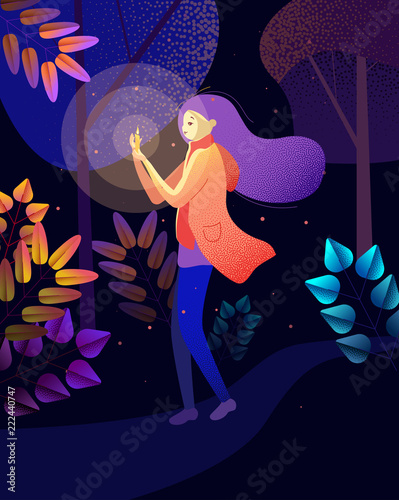 Girl with candle walk alone outdoors in autumn park or forest.