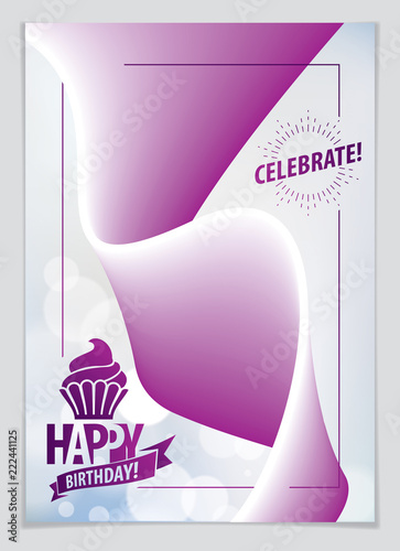 Birthday vector design for greeting card. Includes lettering composition and balloons combined with wavy fluid colorful shape abstract background. A4 format with CMYK colors acceptable for print.