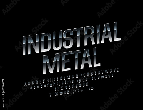 Vector Sign Industrial Metal. Reflective Silver Font. Steel Alphabet Letters, Numbers and Symbols