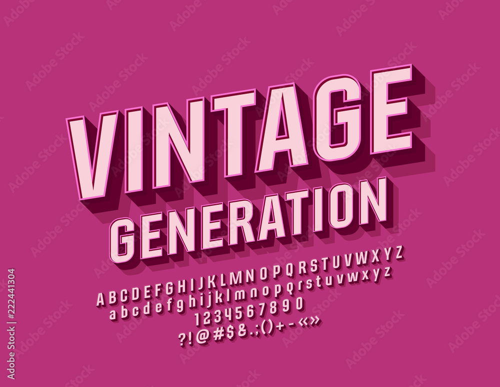 Vector pink Vintage Generation Font. Retro Style Alphabet Letters, Numbers and Symbols