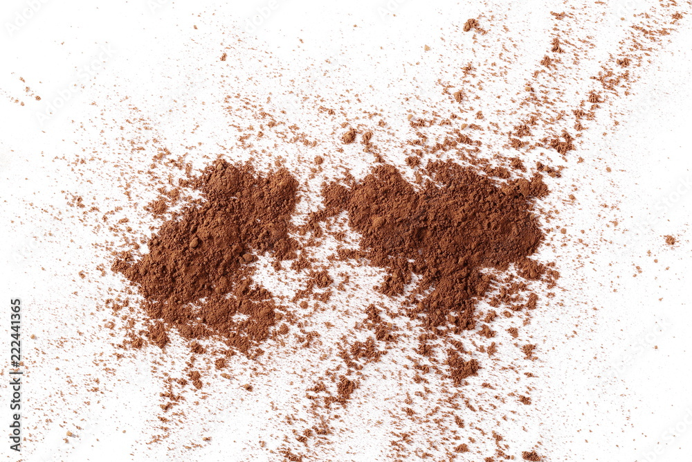 Cocoa powder pile isolated on white background, top view Cocoa powder pile isolated on white background, top view