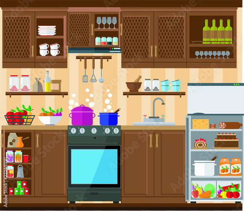 Kitchen with a set of furniture. The cozy interior of the room with a stove, wardrobe and utensils. Flat style vector illustration.