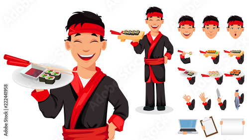 Japanese chef cooking sushi rolls