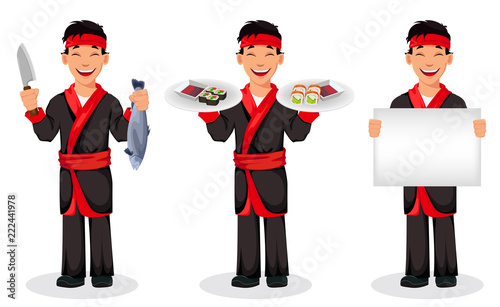 Japanese chef cooking sushi rolls