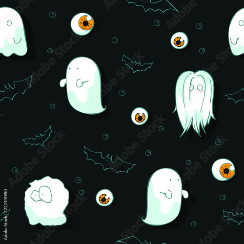 Fototapeta Naklejka Na Ścianę i Meble -  Halloween pattern with ghosts and eyes on dark background. Seamless vector hand drawn halloween doodle set.