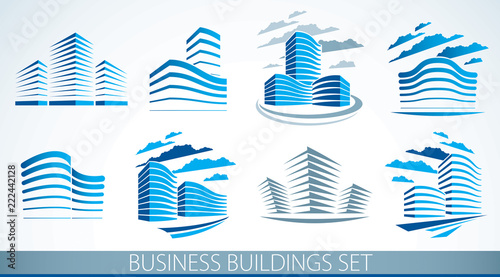 Office buildings set, modern architecture vector illustrations. Real estate realty business center designs. 3D futuristic facades in big city. Can be used as a logos or icons.
