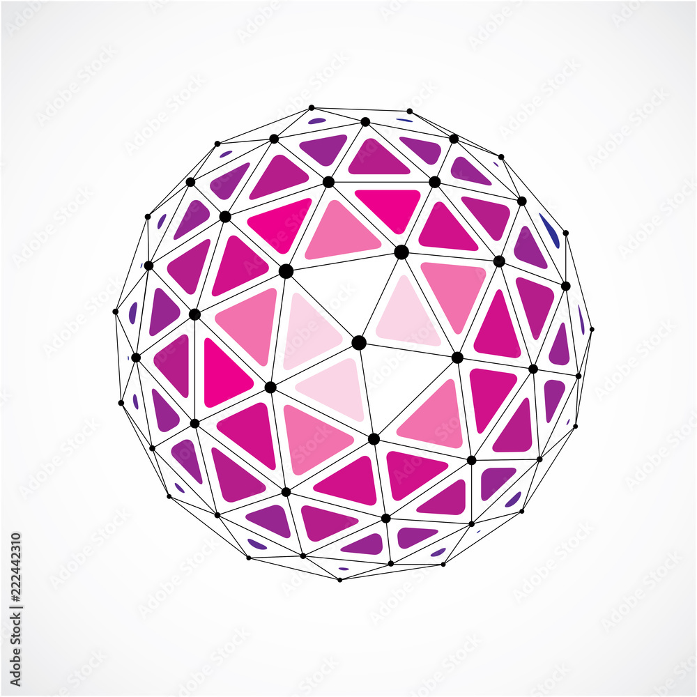 Vector dimensional wireframe low poly object, purple spherical shape with black grid. Technology 3d mesh element made using triangular facets for use as design form in engineering. Vector dimensional wireframe low poly object, purple spherical shape with black grid. Technology 3d mesh element made using triangular facets for use as design form in engineering.