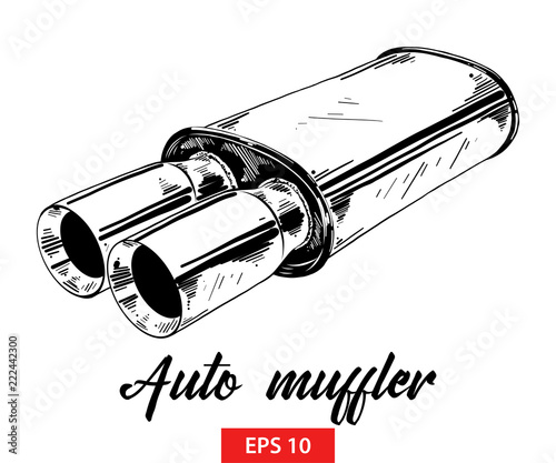 Vector engraved style illustration for posters, decoration and print. Hand drawn sketch of auto muffler in black isolated on white background. Detailed vintage etching style drawing.