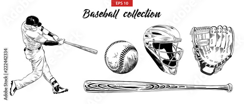 Vector engraved style illustration for posters, decoration. Hand drawn sketch set of baseball player, helmet, glove, ball and bat isolated on white background. Detailed vintage etching drawing.