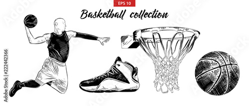 Vector engraved style illustration for posters, decoration and print. Hand drawn sketch set of basketball player, shoe, ball and basket isolated on white background. Detailed vintage etching drawing.