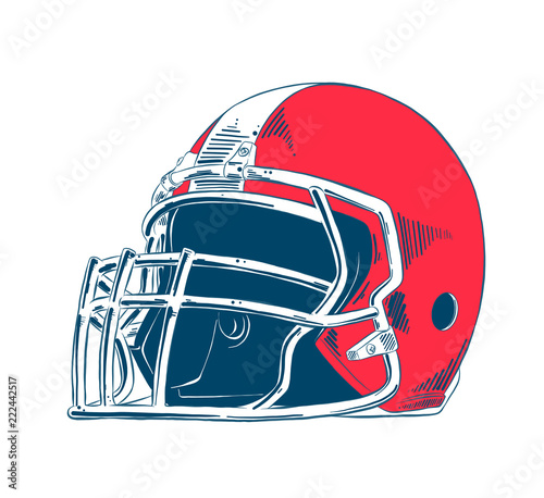 Vector engraved style illustration for posters, decoration and print. Hand drawn sketch of american football helmet in colorful isolated on white background. Detailed vintage etching style drawing.