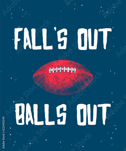 Vector engraved style illustration for posters, decoration and print. Hand drawn sketch of american football ball with modern typography on blue background. Detailed vintage etching style drawing.
