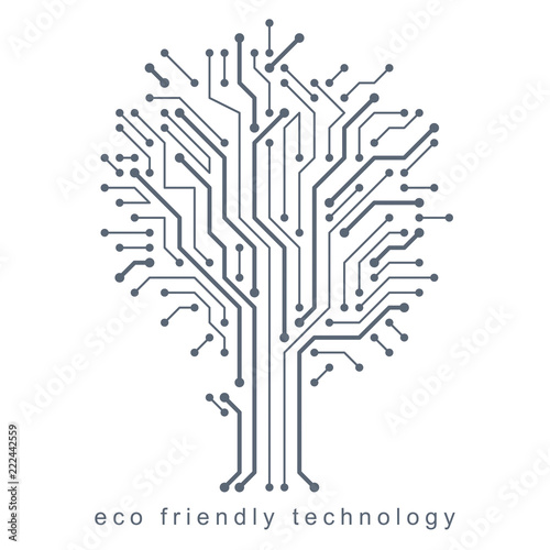 Vector illustration of tree created with wireframe and lines connected as branches. Eco friendly technology concept.