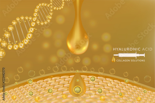 Gold Collagen Serum drop, cosmetic advertising background ready to use, luxury skin care ad, vector illustration.