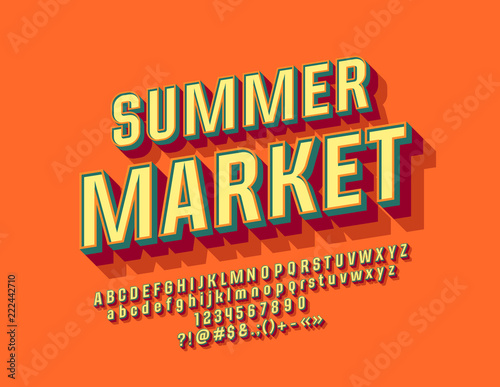 3D Font with text Summer Market. Trendy Bright Vector Alphabet Set.