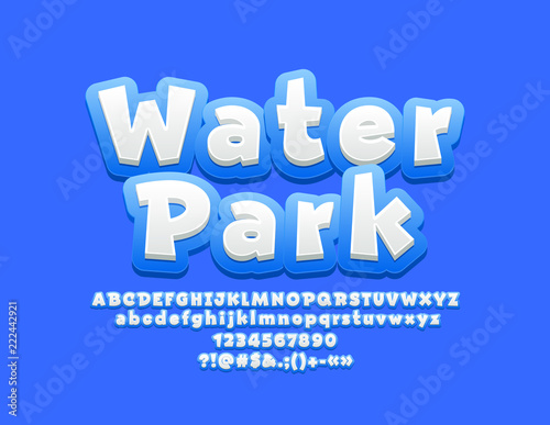 Vector sign Water Park with Kids Font. Blue and White Play Children Alphabet Letters