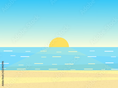 Vector illustration of sea ocean, sky and textured sand. Flat style design for cards, banners, posters and background. EPS 10