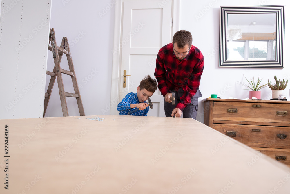 brothers assembling DIY furniture at home
