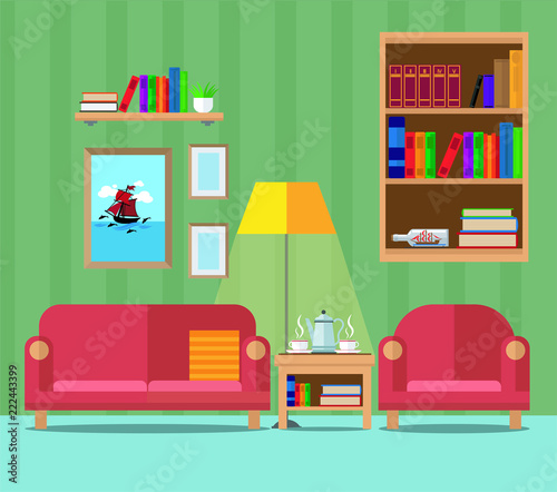 Cozy living room with a sofa, an armchair, a bookcase and a table for tea. Set vector illustration.