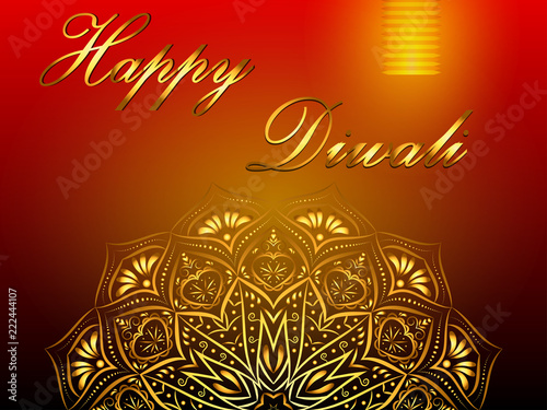 Happy Diwali red background, hindu festival of lights, with golden mandala and paper lantern.