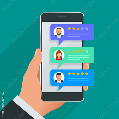 Customer reviews. Review rating on mobile phone, feedback vector illustration. Reading customer review in smart phone before buying products.