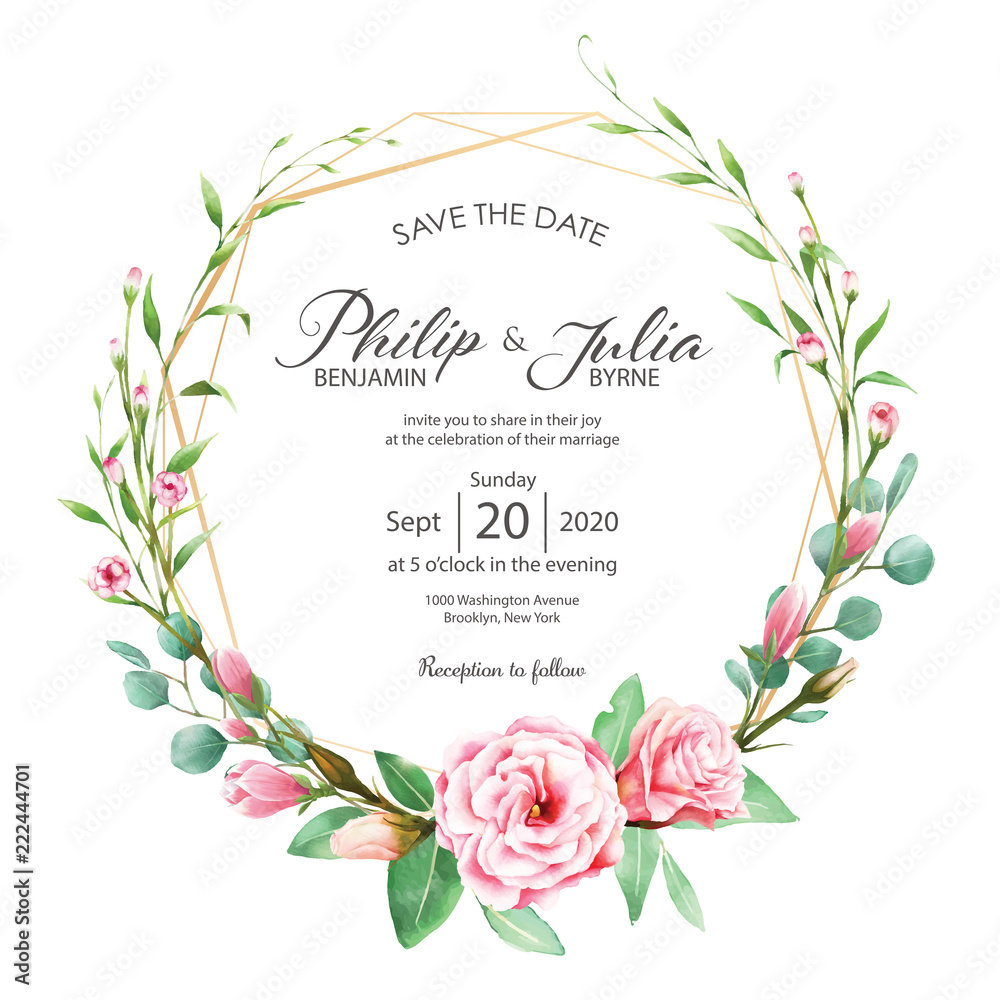 Beautiful pink floral wedding invitation card on white background. Vector,  water color. Stock Vector | Adobe Stock