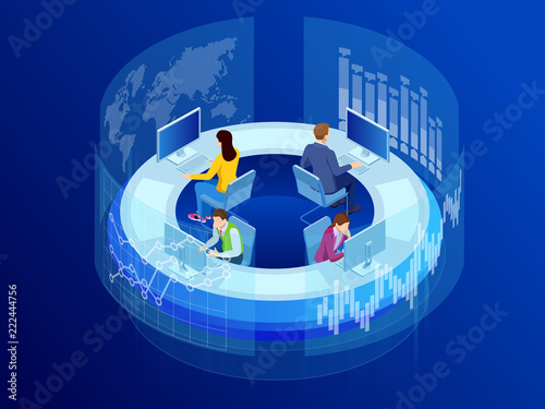 Fotografia Isometric Business data analytics process management or intelligence dashboard on virtual screen showing sales and operations data statistics charts and key performance indicators concept