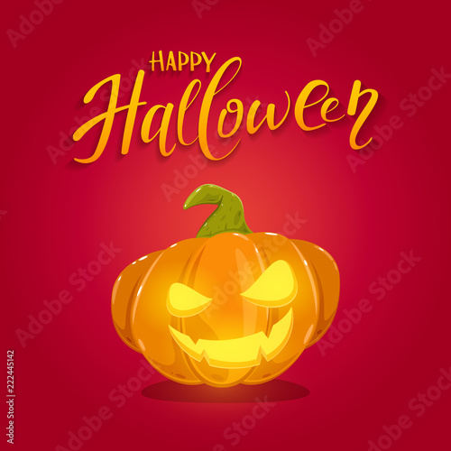 Smiling Halloween Pumpkin on Red Background