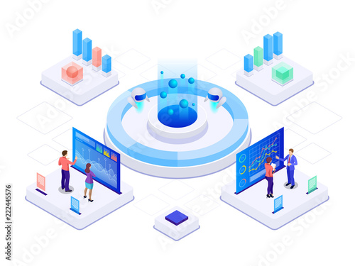 Isometric business strategy and planning. Investments and Analysis Data. Vector illustration for presentation or landing page. SEO analytics team.