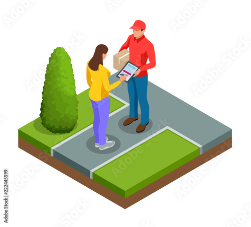 Tracking delivery by parcel, delivery service concept. Woman accepting a delivery of boxes from deliveryman. Isometric vector illustration.
