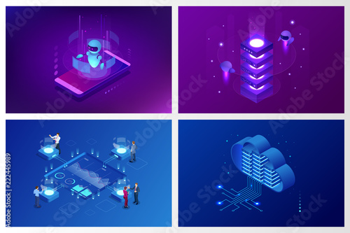 Isometric Artificial Intelligence. Chatbot and future marketing. AI and business IOT concept. Dialog help service. Vector illustration.