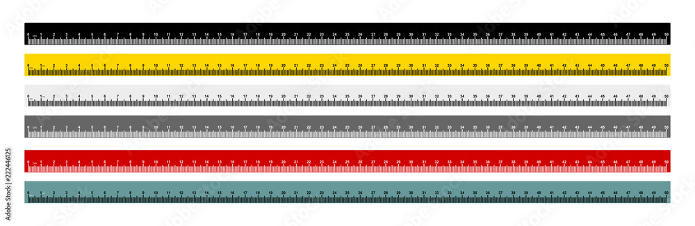 Set of measure tape ruler metric measurement. Metric ruler. 50 centimeters metric ruler with black, yellow, gray, red and gray blue color. Vector illustration. Isolated on white background. - obrazy, fototapety, plakaty 