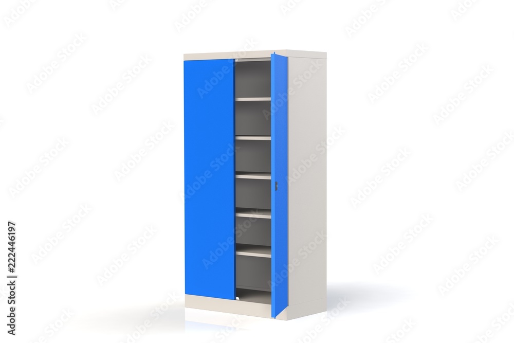 Metal cabinet with shelves for tools. Fireproof shelving for documents. 3D model rendering. Metal cabinet with shelves for tools. Fireproof shelving for documents. 3D model rendering.