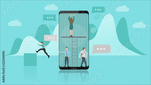 Smartphone Addiction Concept. The People Trapped Inside the Smartphone Represents the Addiction. They Cant Escape. Flat Style Vector Illustration.