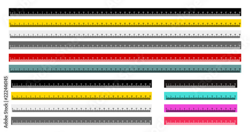 Set of measure tape ruler metric measurement. Metric ruler. 50, 30, 15 centimeters metric ruler with black, yellow, gray, red and gray blue color. Vector illustration. Isolated on white background.