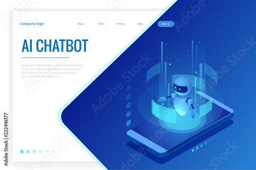 Isometric Artificial Intelligence. Chatbot and future marketing. AI and business IOT concept. Dialog help service. Vector illustration.