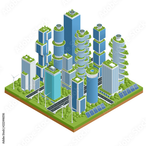 Isometric flat Eco-architecture. Green skyscraper building with plants growing on the facade. Ecology and green living in city, urban environment concept.