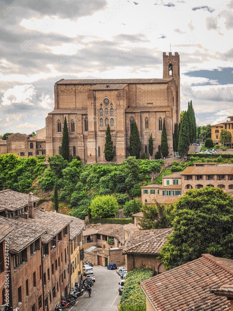 Panorama of the city of Siena in Tuscany, photographed from a hill, here you can see the roofs of houses, ancient cathedrals