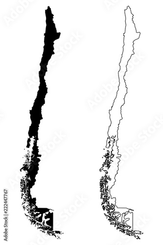 Simple (only sharp corners) map of Chile vector drawing. Mercator projection. Filled and outline version.