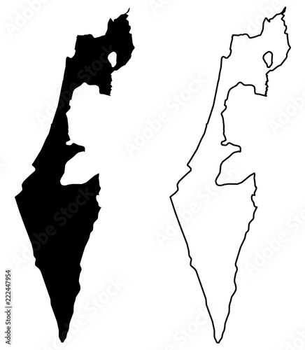 Simple (only sharp corners) map - State of Israel (without Palestine; excluding Gaza strip and West Bank) vector drawing. Mercator projection. Filled and outline version.