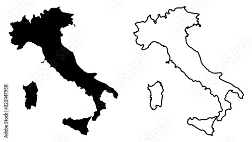 Simple (only sharp corners) map of Italian Republic vector drawing. Mercator projection. Filled and outline version.