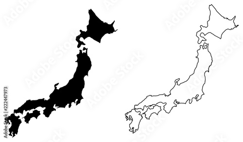 Simple (only sharp corners) map of Japan vector drawing. Filled and outlined version.
