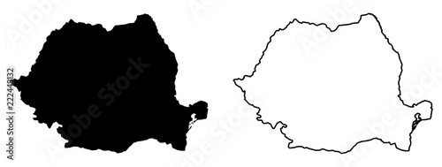 Simple (only sharp corners) map of Romania vector drawing. Mercator projection. Filled and outline version.