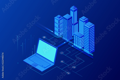 Isometric Modern city. Concept website template. Smart city with smart services and icons, internet of things, networks and augmented reality concept