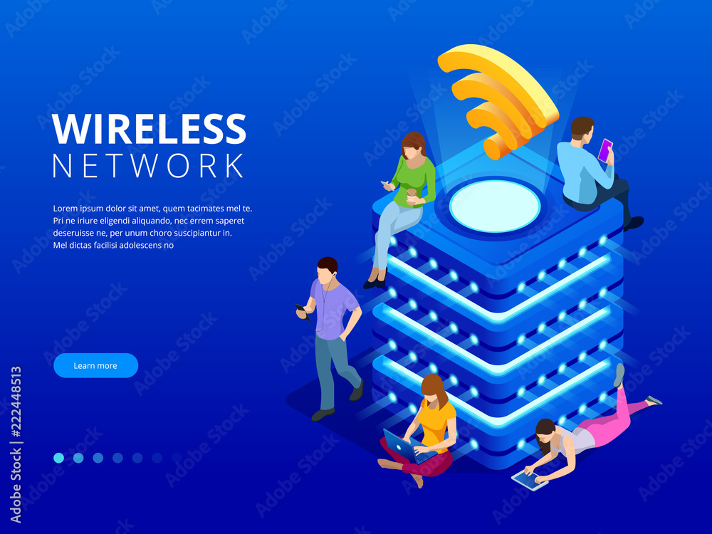 Isometric Modern server with wireless network connection concept ...