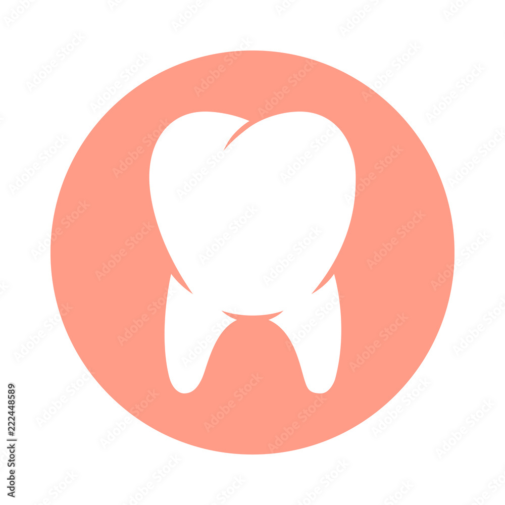 Human tooth sign. Tooth Icon in rose circle with shadow isolated on white background. Tooth symbol in a flat style. Stock vector illustration. Human tooth sign. Tooth Icon in rose circle with shadow isolated on white background. Tooth symbol in a flat style. Stock vector illustration.